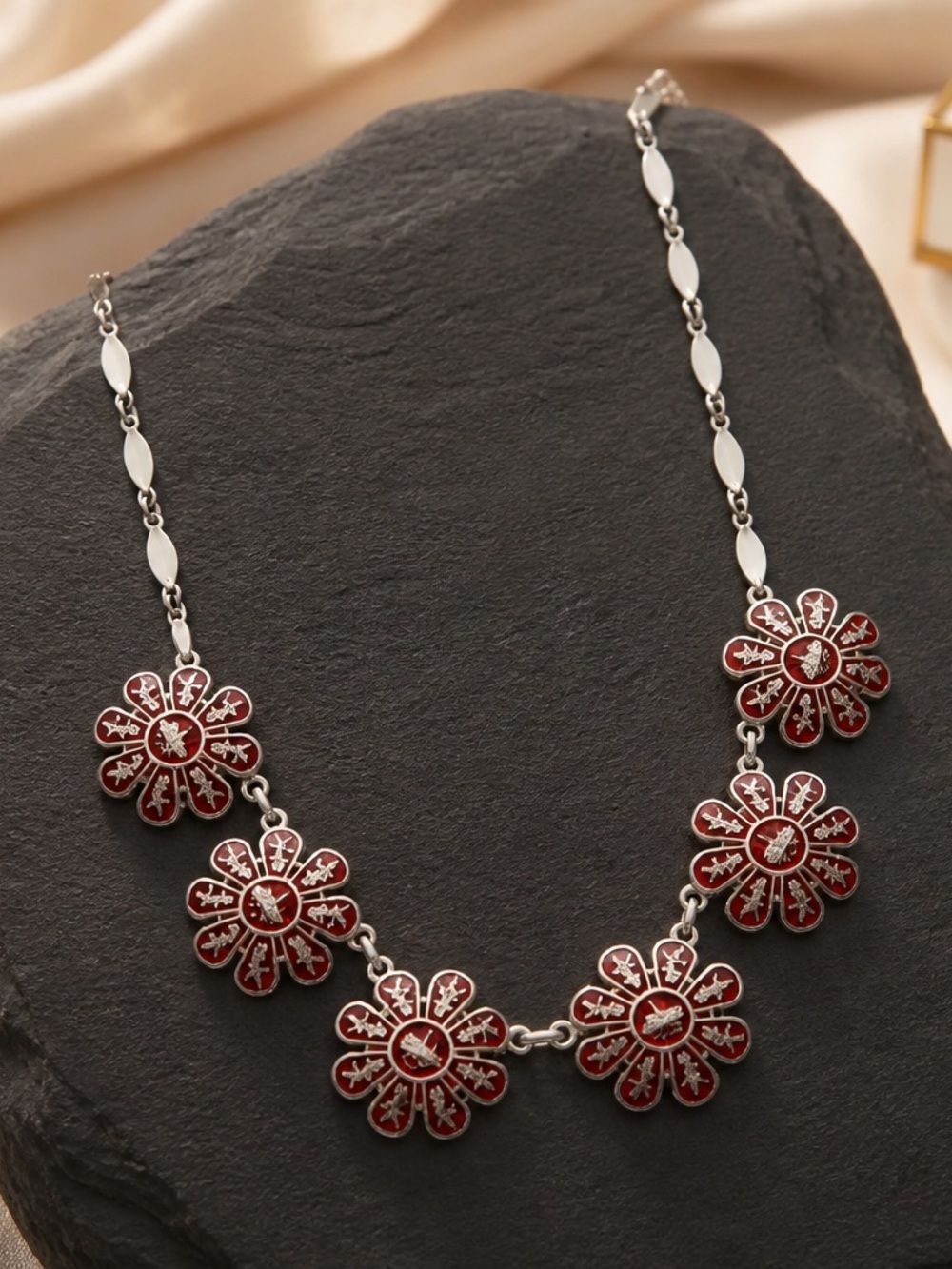 Vintage SIAM Sterling silver Red Floral Enamel Necklace
